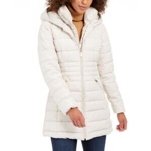 Laundry By Shelli Segal Hooded Zip Front Puffer Jacket Faux Fur White Size XS